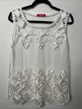 Somya White Embroidered Sheer Tank Top